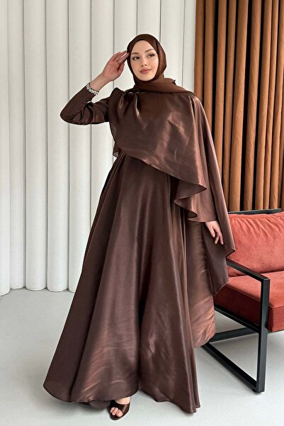 Modaensarbutik Aura Fular Detaylı & Taşlı Jan Jan Tesettür Abiye-KAHVERENGİ