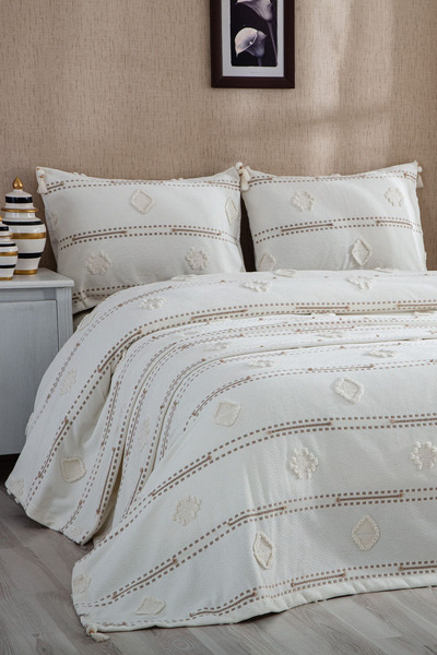 EvienHome Βαμβακερό κάλυμμα κρεβατιού Katre 2 τεμαχίων Σετ Πικέ Κρέμα