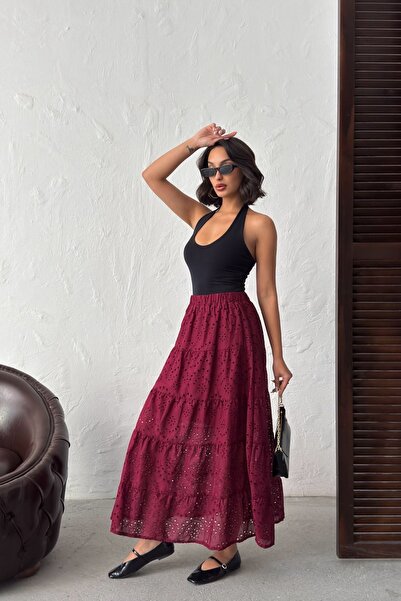 NEW JOURNAL Γυναικεία μπορντό ελαστική φούστα μάξι με φιόγκο στη μέση NJ134