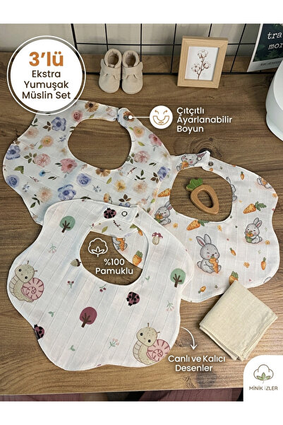 3’lü %100 Müslin Kumaş Çiçek Model Yakalık/Önlük/Salya Önlüğü