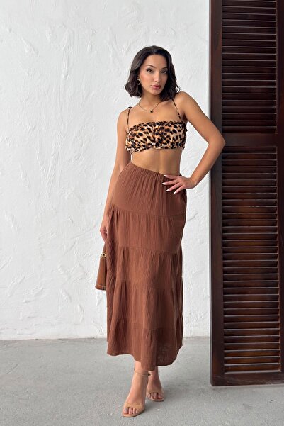 NEW JOURNAL Γυναικεία καφέ μίντι φούστα μουσελίνα με ελαστική μέση NJ132