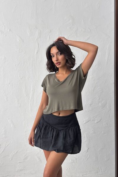 NEW JOURNAL Tricou de bază scurt, kaki, cu decolteu în V, pentru femei NJ138