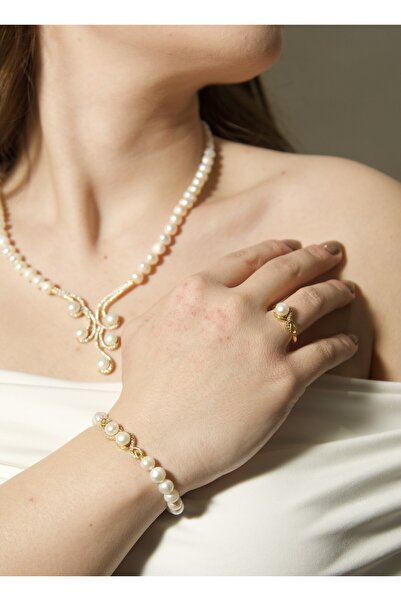 L&S JEWELLERY 14 Ayar Altın Kaplama 925 Ayar Gümüş Çok İncili İnci Set
