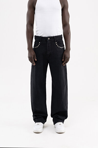 Machinist Erkek Studs Embellished Baggy Jean Pantolon Açık Siyah
