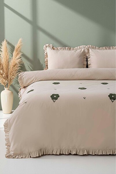 Rivaİstanbul Σετ Παπλωματοθήκης Florita Cappuccino Διπλό Κεντημένο από 100% Β...