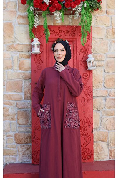 MODAMÜNASİP Υπέροχο λινό φόρεμα με διπλές τσέπες, κεντημένο με κορδόνια, 100%...