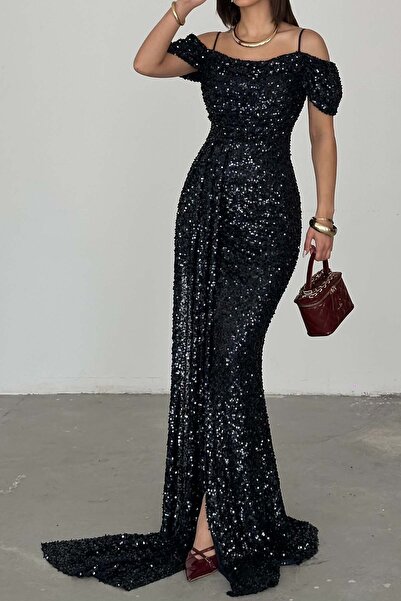 XXL BUTİK Γυναικείο βραδινό φόρεμα μάξι με παγιέτες σε μπλε ναυτικό χρώμα και...