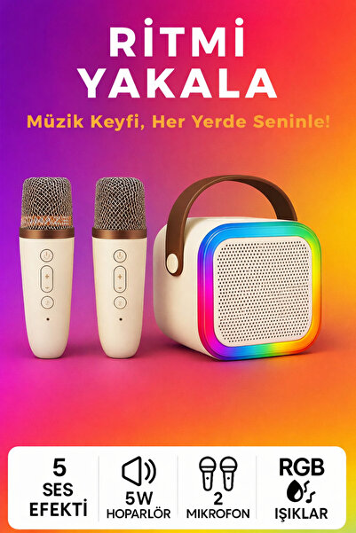 Uzak Store Kablosuz Karaoke Mikrofon Seti 2’li + RGB Işıklı Bluetooth Hoparlö...