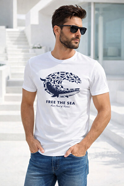 Rich Ανδρικό μπλουζάκι από λευκό βαμβάκι με στάμπα, κοντό μανίκι και λαιμόκοψ...