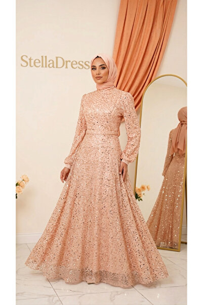 StellaDress Boncuk Detaylı Tül Abiye Pudra