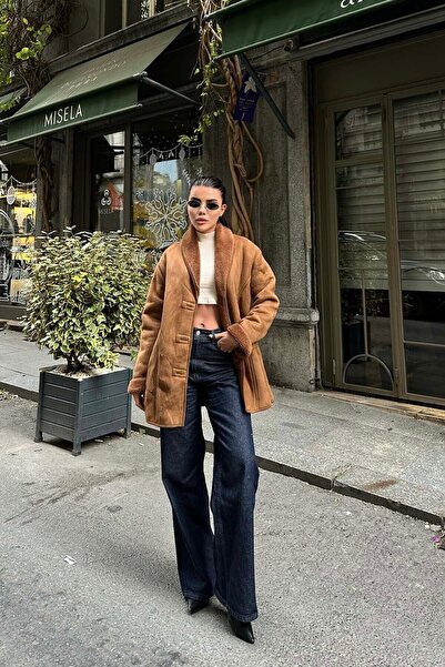 XXL BUTİK Γυναικείο καφέ σουέντ μπουφάν με επένδυση από γούνα στο εσωτερικό E...