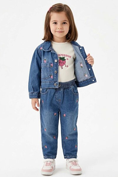 bebegen Girl's Ecru Strawberry Embroidered Denim Jacket 3-Piece Set