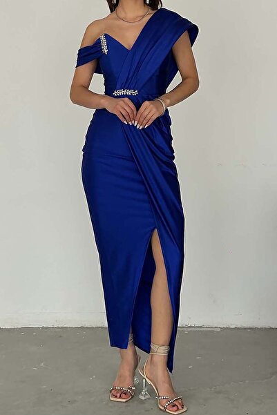 XXL BUTİK Γυναικείο βραδινό φόρεμα Saks με πέτρινη λεπτομέρεια και σχέδιο με ...