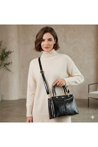 Nas Bag Women's Stylish Hand and Shoulder Bag Black Patent Leather