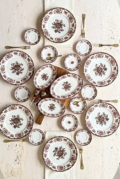 porselenden Antique rose 19 Parça 6 Kişilik Porselen Kahvaltı Takımı bordo-ka...