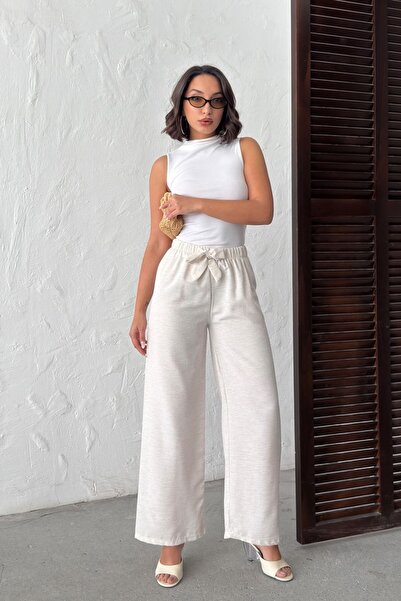 NEW JOURNAL Pantaloni de damă bej cu talie elastică NJ139