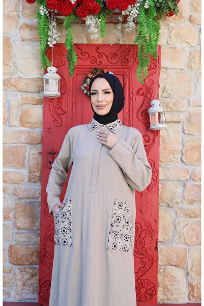 MODAMÜNASİP Υπέροχο λινό φόρεμα με διπλές τσέπες, κεντημένο με κορδόνια, 100%...