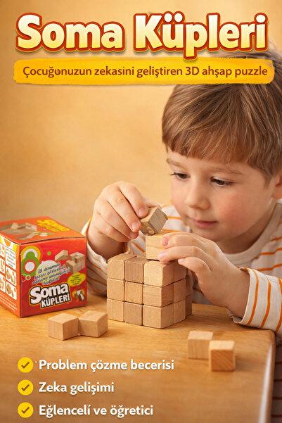 Jaju Baby Ahşap Soma Küpü Zeka Oyunu 7 Parça 240 Farklı Şekil 3D Eğitici Puzzle