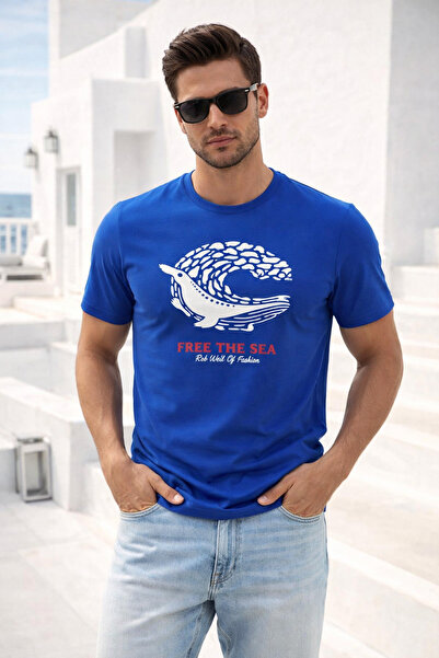 Rich Men's Saks Blue Cotton Printed Short Sleeve Crew Neck Basic T-Shirt