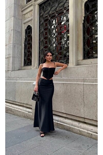 Lunea Womens Women's Black Long Satin Skirt