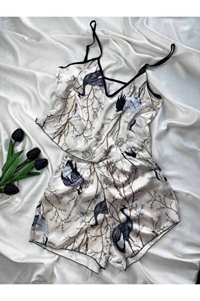 ROZENİN LINGERIE Patterned Adjustable Strap Satin Pajama Set