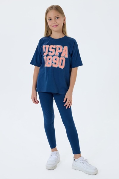 U.S. Polo Assn. 4-15 Yaş Kız Çocuk USPA 1890 Baskılı Taytlı Takım Lacivert