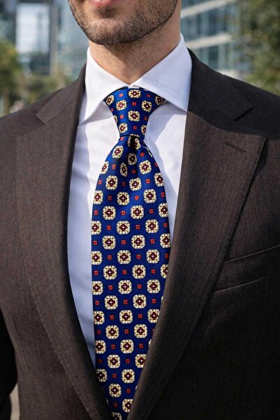 Kravatkolik Lucano Style Navy Blue Motif Pattern Italian Silk Tie İk2372