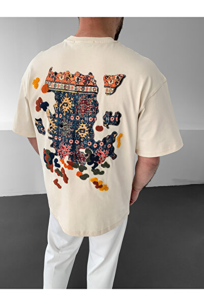 NO1 KONSEPT Κρεμ Αυθεντικό Υπερμεγέθες Premium Μπλουζάκι με Σχέδιο Κιλίμ