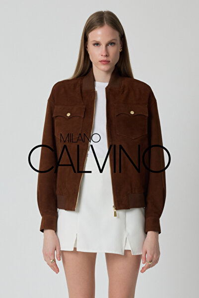 Milano Calvino Hakiki Süet Varsity Ceket – Cognac Brown