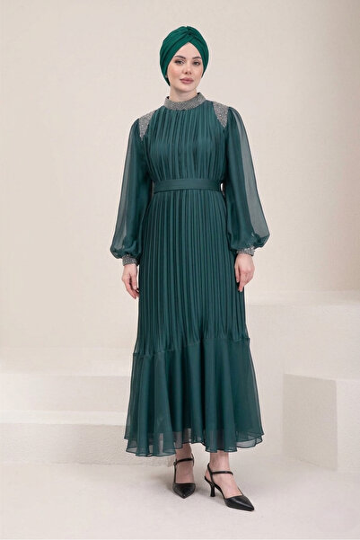StellaDress Taşlı Piliseli Yeşil Tesettür Abiye Elbise