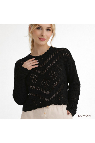LUVON Μαύρη ανάγλυφη Με σχέδιο δαντελωτή πλέξη ελαφρύ Γυναικεία Βαμβάκι Μπλούζα