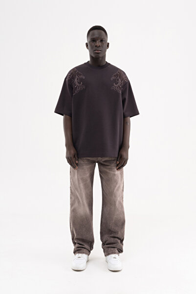 Machinist Ανδρικό μπλουζάκι με έθνικ σχέδιο κεντημένο σε μεγάλο μέγεθος, σκού...