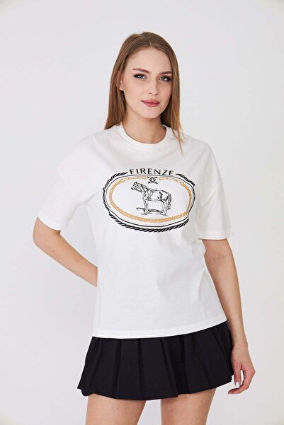 Sortie Γυναικείο μπλουζάκι με στάμπα Firenze Horse, άνετη εφαρμογή, βασικό, ε...
