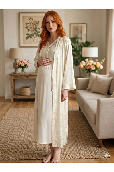 SS HOME CONCEPT Bone 6202 Women's Jacquard Satin Maternity Long Dressing Gown...