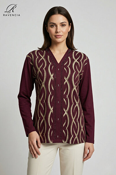 Ravencia Women's V-Neck Line Pattern Printed Glittery Stone Lycra Mother Comb...