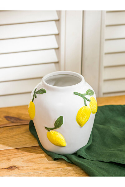 LC Waikiki LCW HOME MA BELLA Λευκό Κεραμικό Βάζο με Σχέδιο Λεμόνι