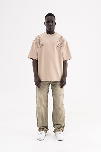 Machinist Ανδρικό μπλουζάκι με έθνικ σχέδιο κεντημένο, oversized, ανοιχτό μπεζ