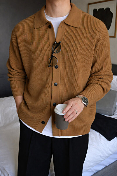 Tarz Cool Ανδρική ζακέτα σε ανοιχτόχρωμο μουσταρδί με λεπτομέρεια κουμπιών κα...