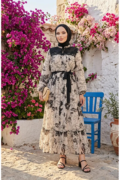 sefamerve Φόρεμα σιφόν με δαντέλα 50013-03 Μπεζ