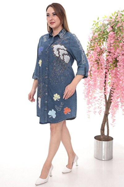 JERFİ Women's Sea Shell Detail Stone Printed Denim Mini Dress