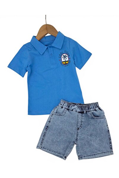 VOY KİDS Baby Boy Summer Set with Denim Shorts and Stylish Printed Polo Colla...
