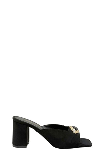 Moulin Shoes Black Suede Buckle Thick Heeled Women's Slippers