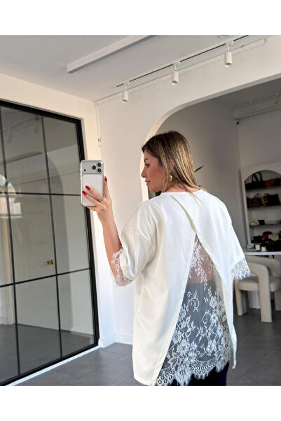 khar Γυναικείο μπλουζάκι με δαντέλα στην πλάτη, λεπτομερή λαιμόκοψη, απλό, βα...