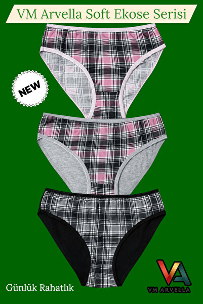 VM Arvella Soft Ekose Serisi: Günlük Konfor Sunan 3'lü Pamuklu Bikini Set