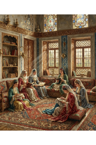 Lona Sanat Osmanlı Kadınları Okuma ve El Sanatları Tablosu – Vintage Oryantal...
