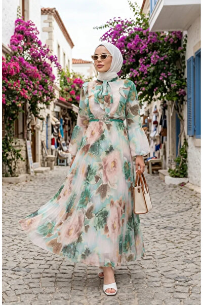 sefamerve Φόρεμα σιφόν με φλοράλ σχέδιο 50001-02 Πράσινο