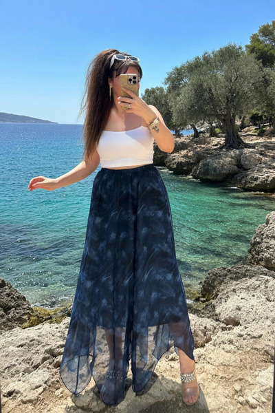 AZRA BUTİK Φούστα από σιφόν με μπλε σχέδιο που διασταυρώνεται στο μέσο