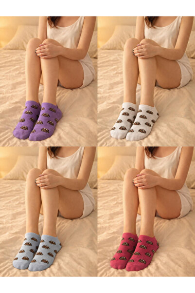 ask Women's Mixed Color 4-Piece Small Bear Patterned Booties Socks