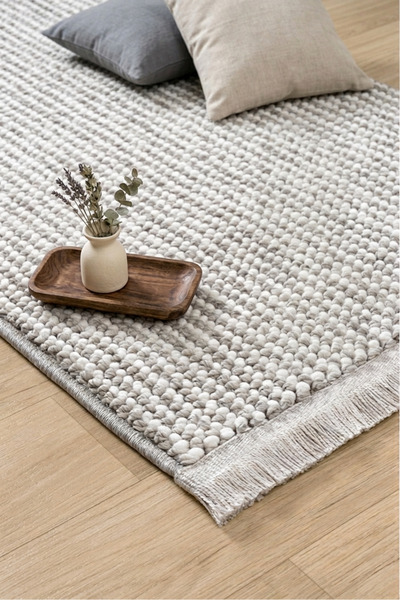 LEİVA HOME Gri Beyaz Bohem Bukle Dokulu Yumuşak Modern Saçaklı Salon Yatak Od...