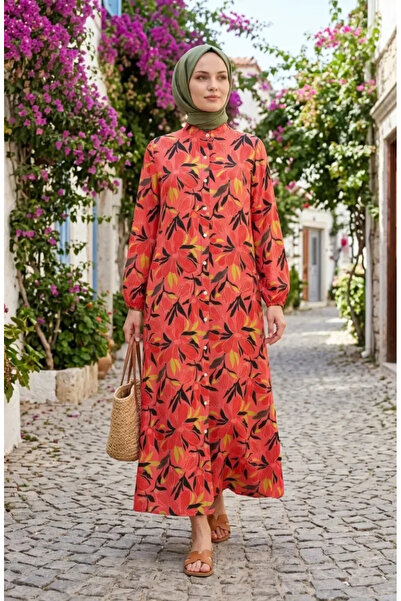 sefamerve Floral Patterned Buttoned Dress 0259-01 Pomegranate Flower